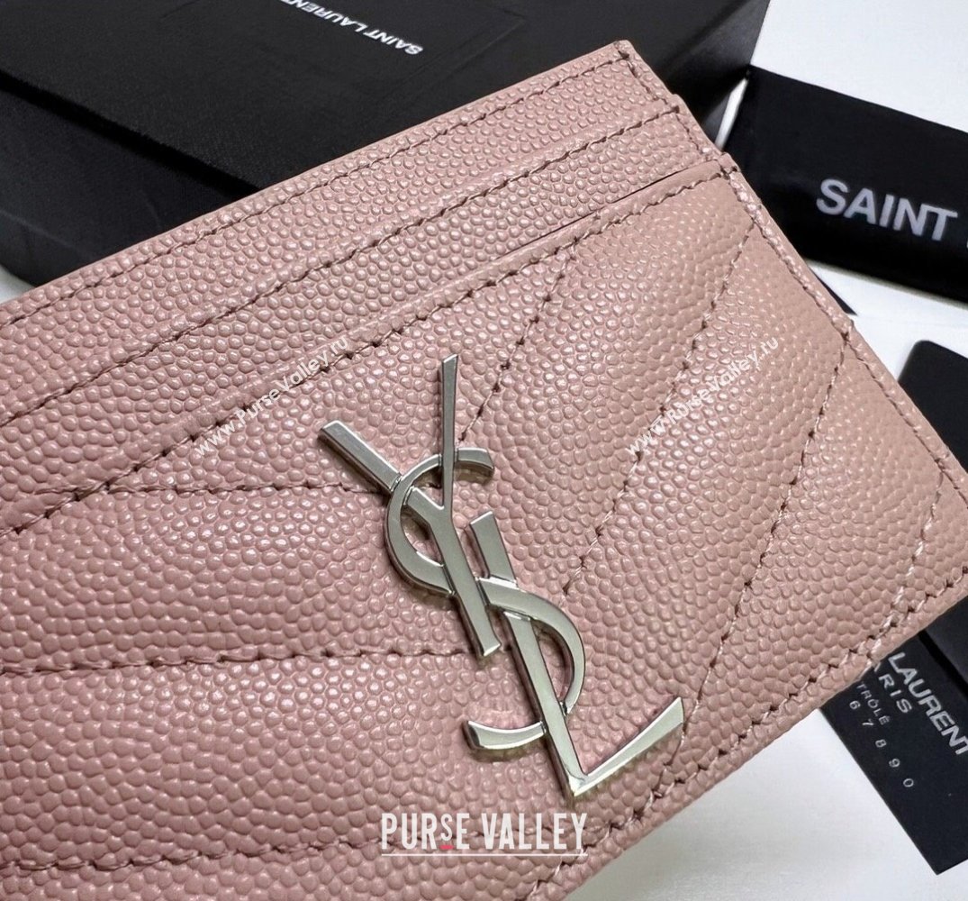 Saint Laurent Cassandre Matelasse Card Case In Grain De Poudre Embossed Leather 423291 Pink/Silver (nana-24021808)