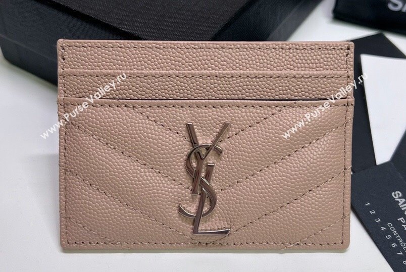 Saint Laurent Cassandre Matelasse Card Case In Grain De Poudre Embossed Leather 423291 Pink/Silver (nana-24021808)