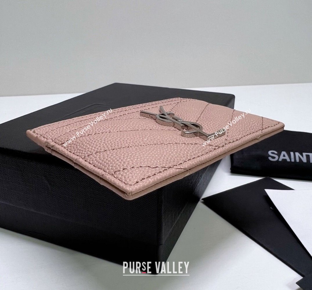 Saint Laurent Cassandre Matelasse Card Case In Grain De Poudre Embossed Leather 423291 Pink/Silver (nana-24021808)