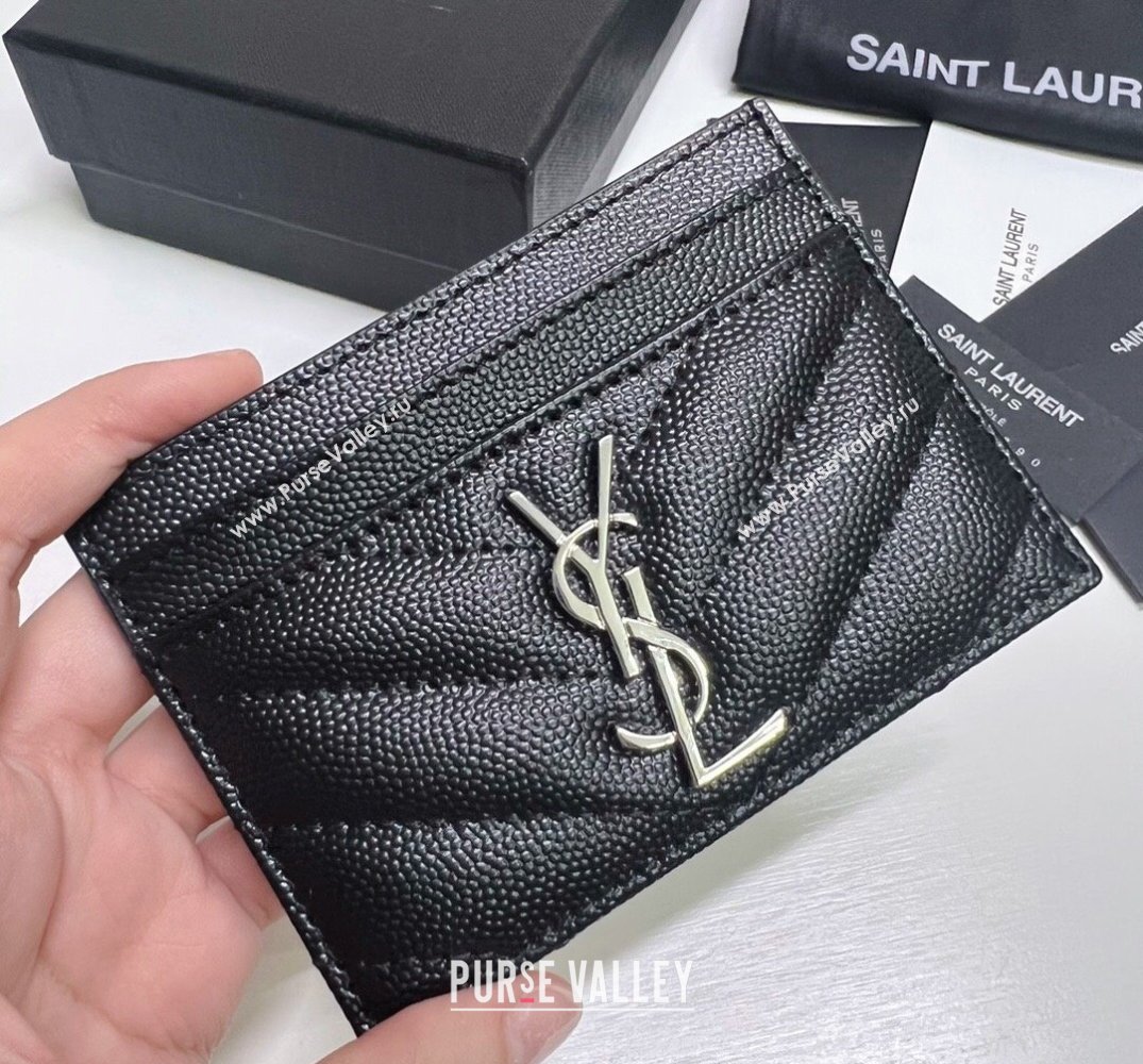 Saint Laurent Cassandre Matelasse Card Case In Grain De Poudre Embossed Leather 423291 Black/Silver (nana-24021803)