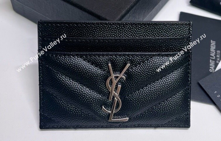 Saint Laurent Cassandre Matelasse Card Case In Grain De Poudre Embossed Leather 423291 Black/Silver (nana-24021803)