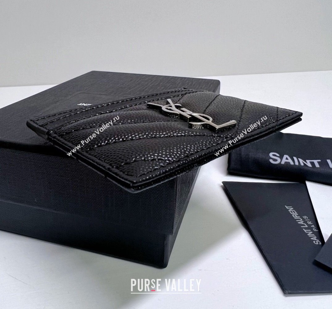 Saint Laurent Cassandre Matelasse Card Case In Grain De Poudre Embossed Leather 423291 Black/Silver (nana-24021803)