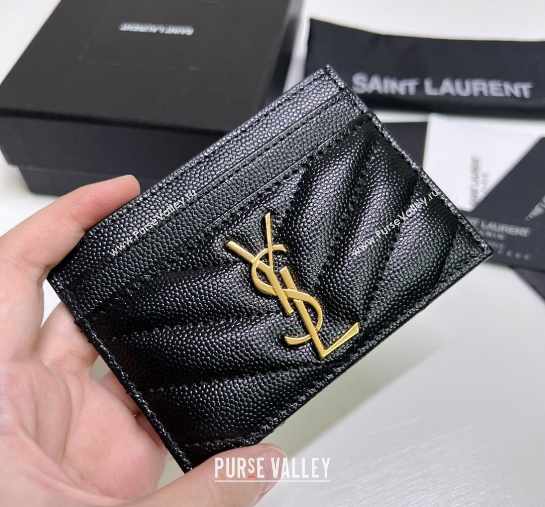 Saint Laurent Cassandre Matelasse Card Case In Grain De Poudre Embossed Leather 423291 Black/Gold (nana-24021802)