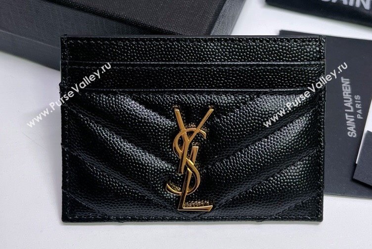 Saint Laurent Cassandre Matelasse Card Case In Grain De Poudre Embossed Leather 423291 Black/Gold (nana-24021802)