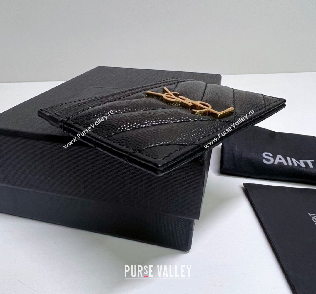 Saint Laurent Cassandre Matelasse Card Case In Grain De Poudre Embossed Leather 423291 Black/Gold (nana-24021802)