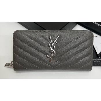 Saint Laurent Cassandre Matelasse Zip Around Wallet In Grain De Poudre Embossed Leather 358094 Gray/Silver (nana-24022120)