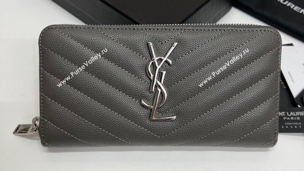 Saint Laurent Cassandre Matelasse Zip Around Wallet In Grain De Poudre Embossed Leather 358094 Gray/Silver (nana-24022120)