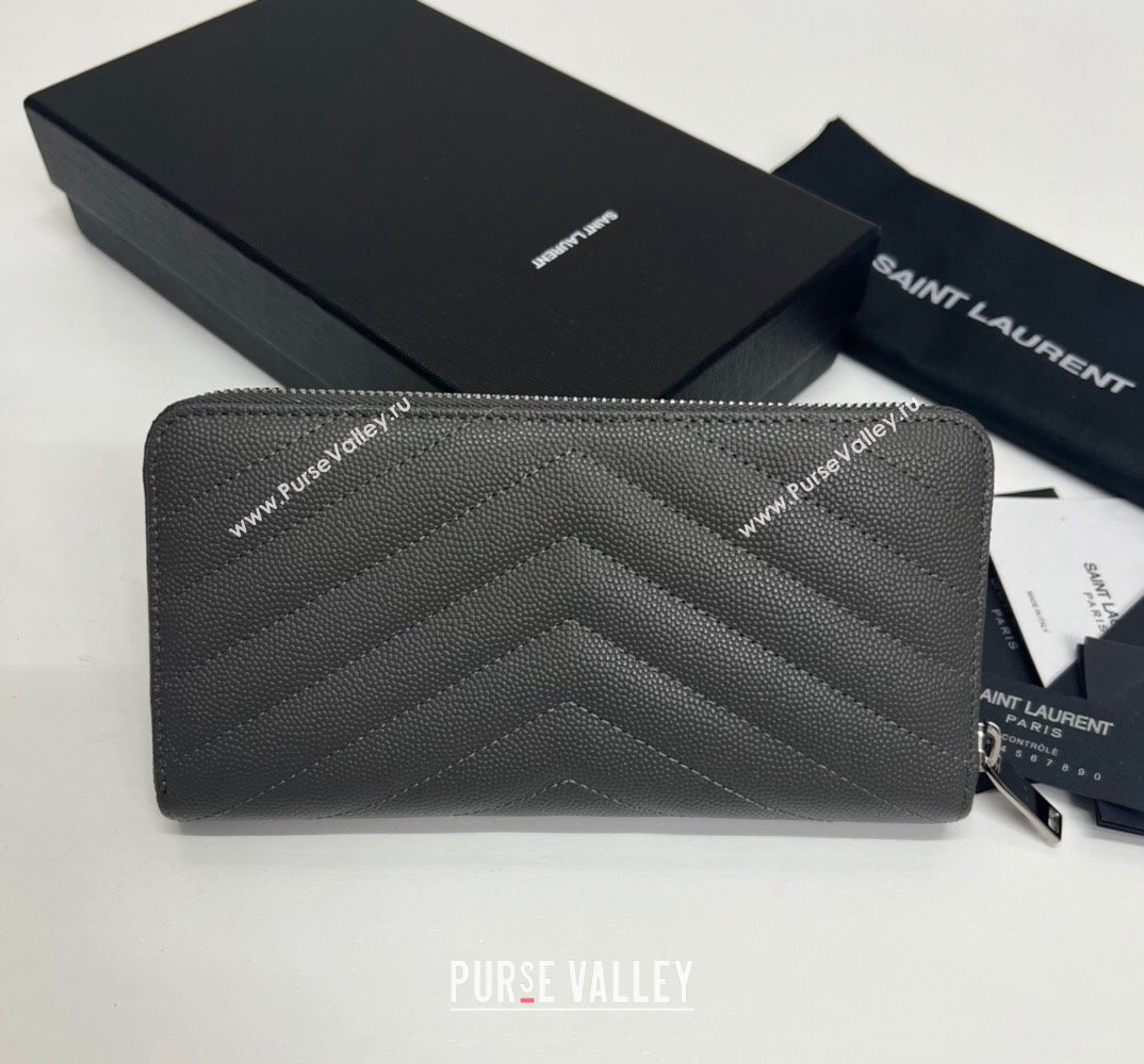 Saint Laurent Cassandre Matelasse Zip Around Wallet In Grain De Poudre Embossed Leather 358094 Gray/Silver (nana-24022120)