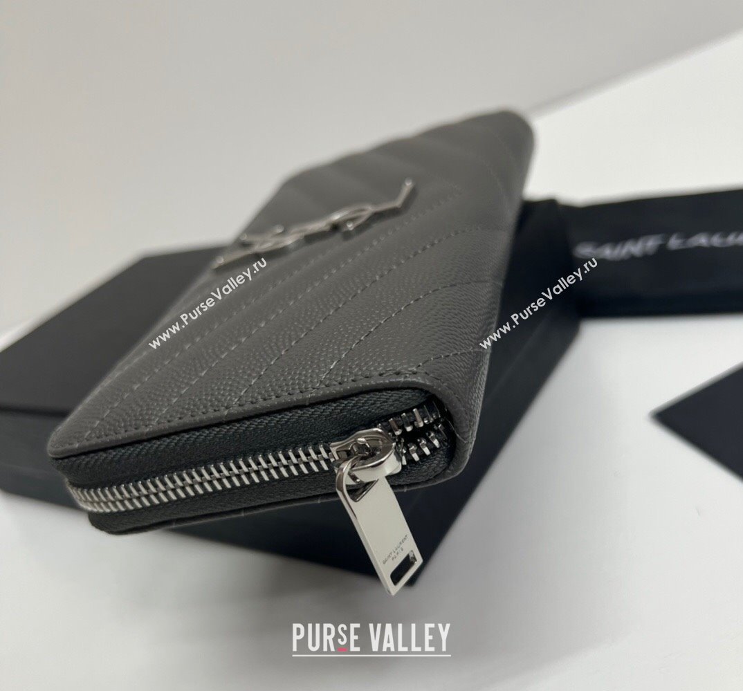 Saint Laurent Cassandre Matelasse Zip Around Wallet In Grain De Poudre Embossed Leather 358094 Gray/Silver (nana-24022120)