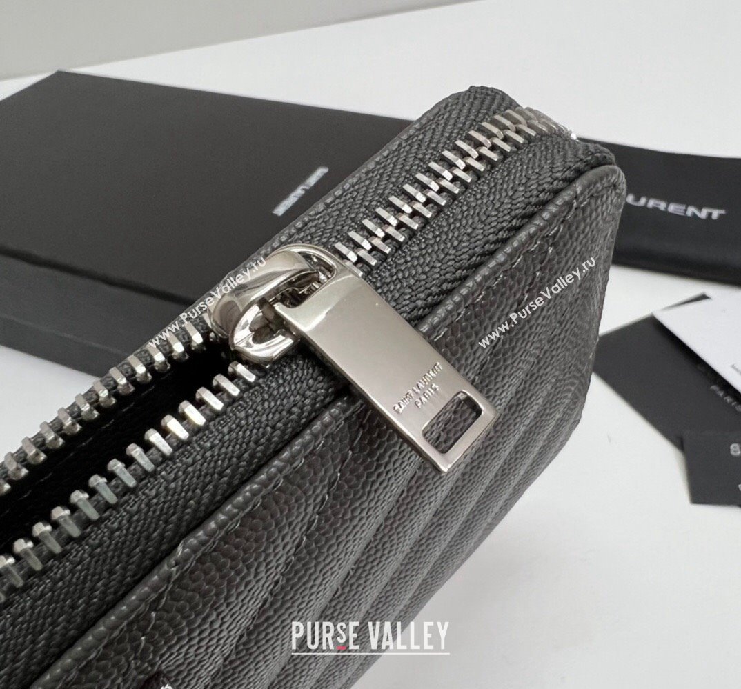 Saint Laurent Cassandre Matelasse Zip Around Wallet In Grain De Poudre Embossed Leather 358094 Gray/Silver (nana-24022120)