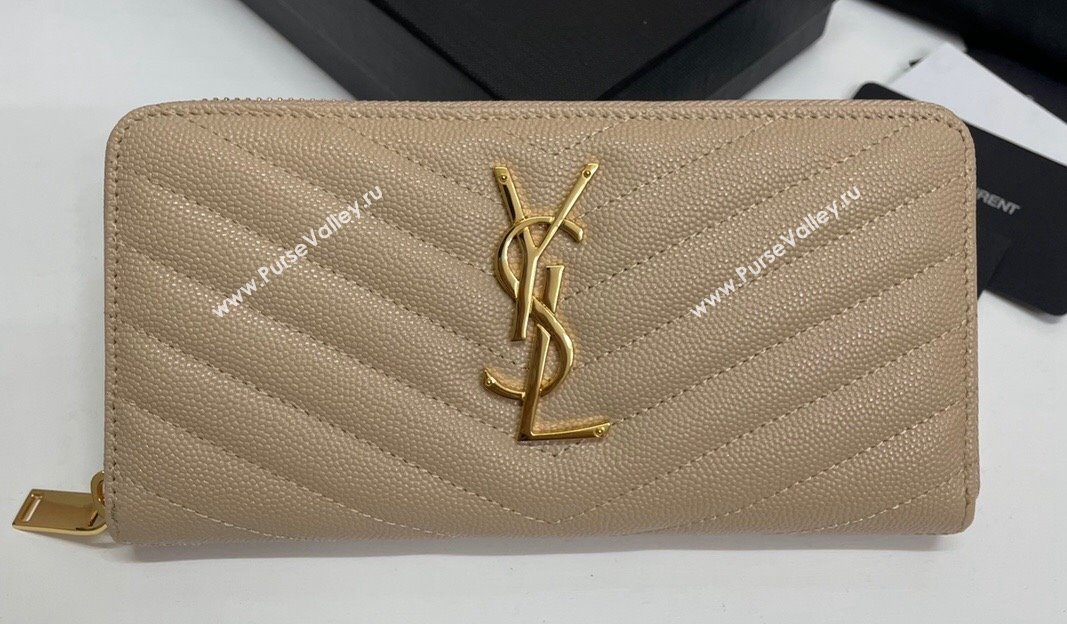 Saint Laurent Cassandre Matelasse Zip Around Wallet In Grain De Poudre Embossed Leather 358094 Beige/Gold (nana-24022118)