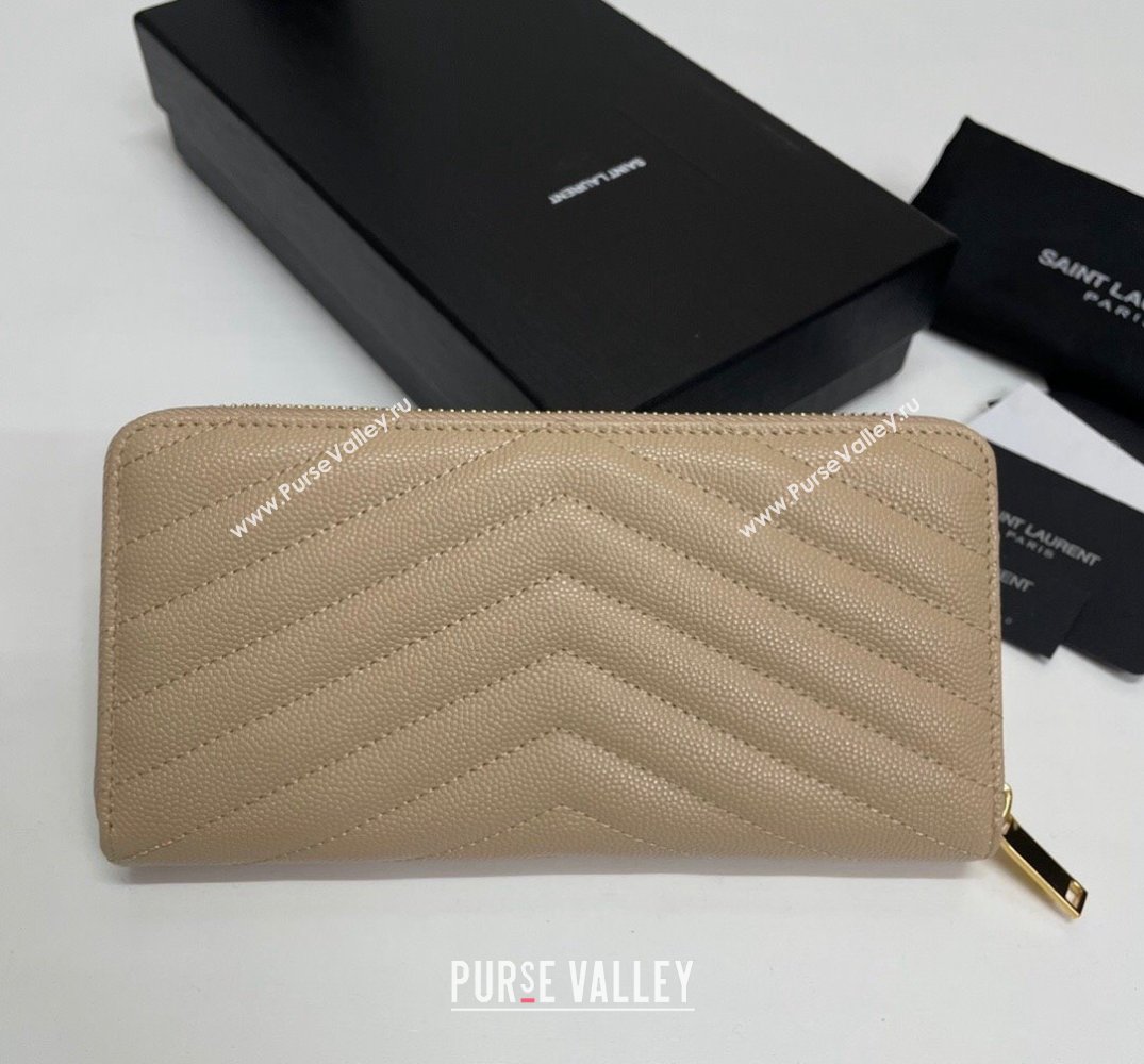 Saint Laurent Cassandre Matelasse Zip Around Wallet In Grain De Poudre Embossed Leather 358094 Beige/Gold (nana-24022118)