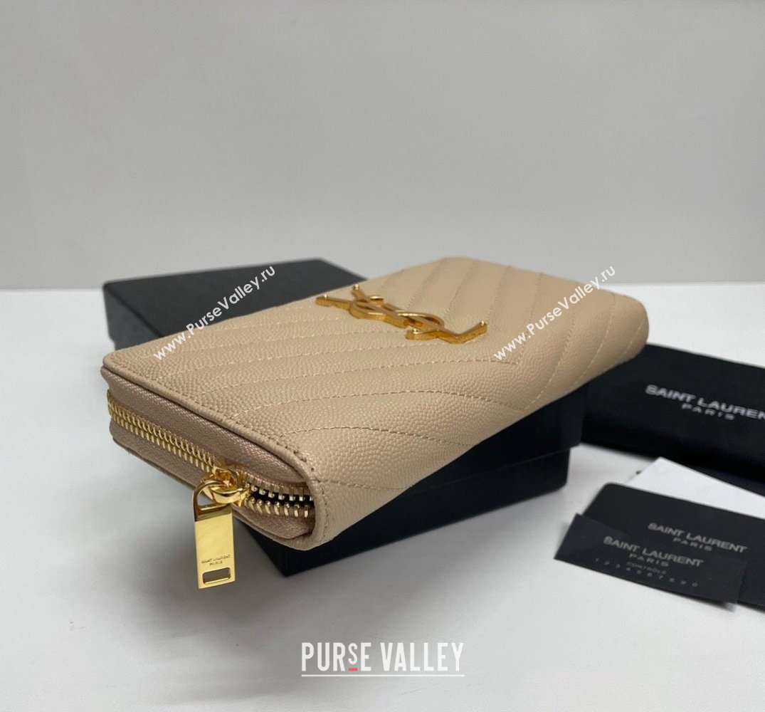 Saint Laurent Cassandre Matelasse Zip Around Wallet In Grain De Poudre Embossed Leather 358094 Beige/Gold (nana-24022118)