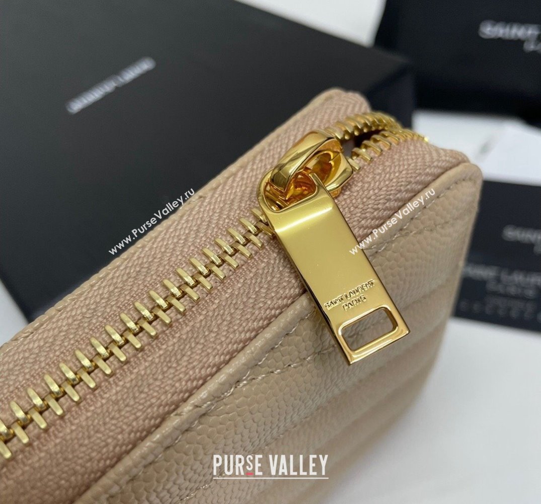 Saint Laurent Cassandre Matelasse Zip Around Wallet In Grain De Poudre Embossed Leather 358094 Beige/Gold (nana-24022118)