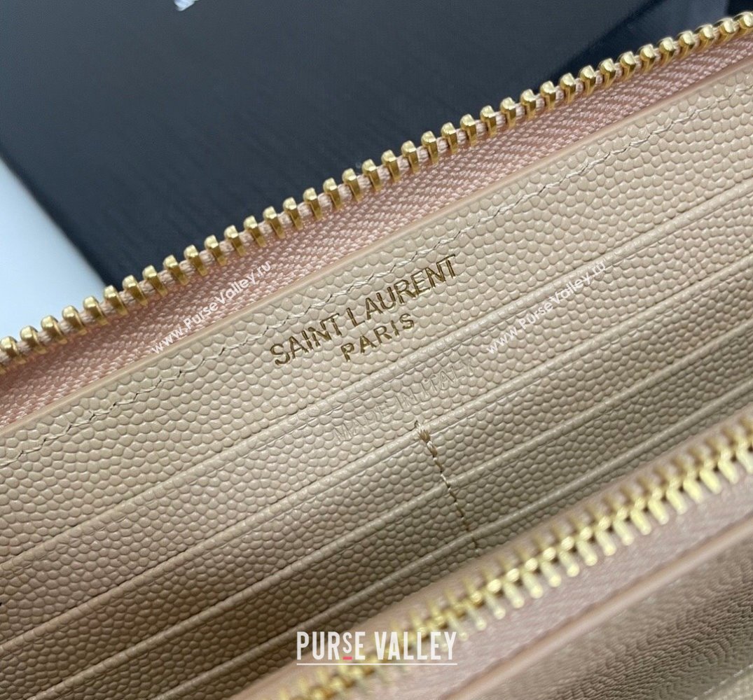 Saint Laurent Cassandre Matelasse Zip Around Wallet In Grain De Poudre Embossed Leather 358094 Beige/Gold (nana-24022118)