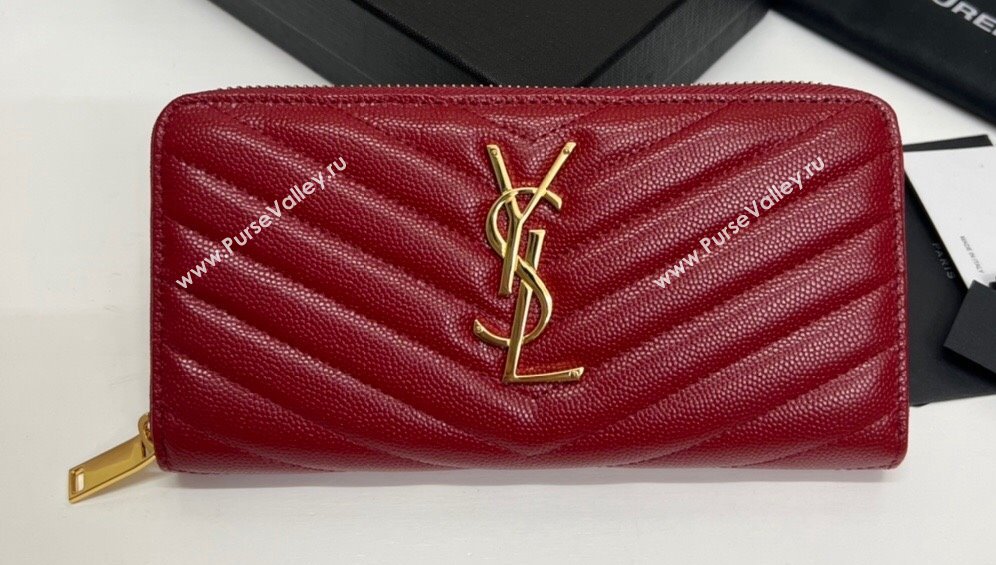 Saint Laurent Cassandre Matelasse Zip Around Wallet In Grain De Poudre Embossed Leather 358094 Red/Gold (nana-24022119)