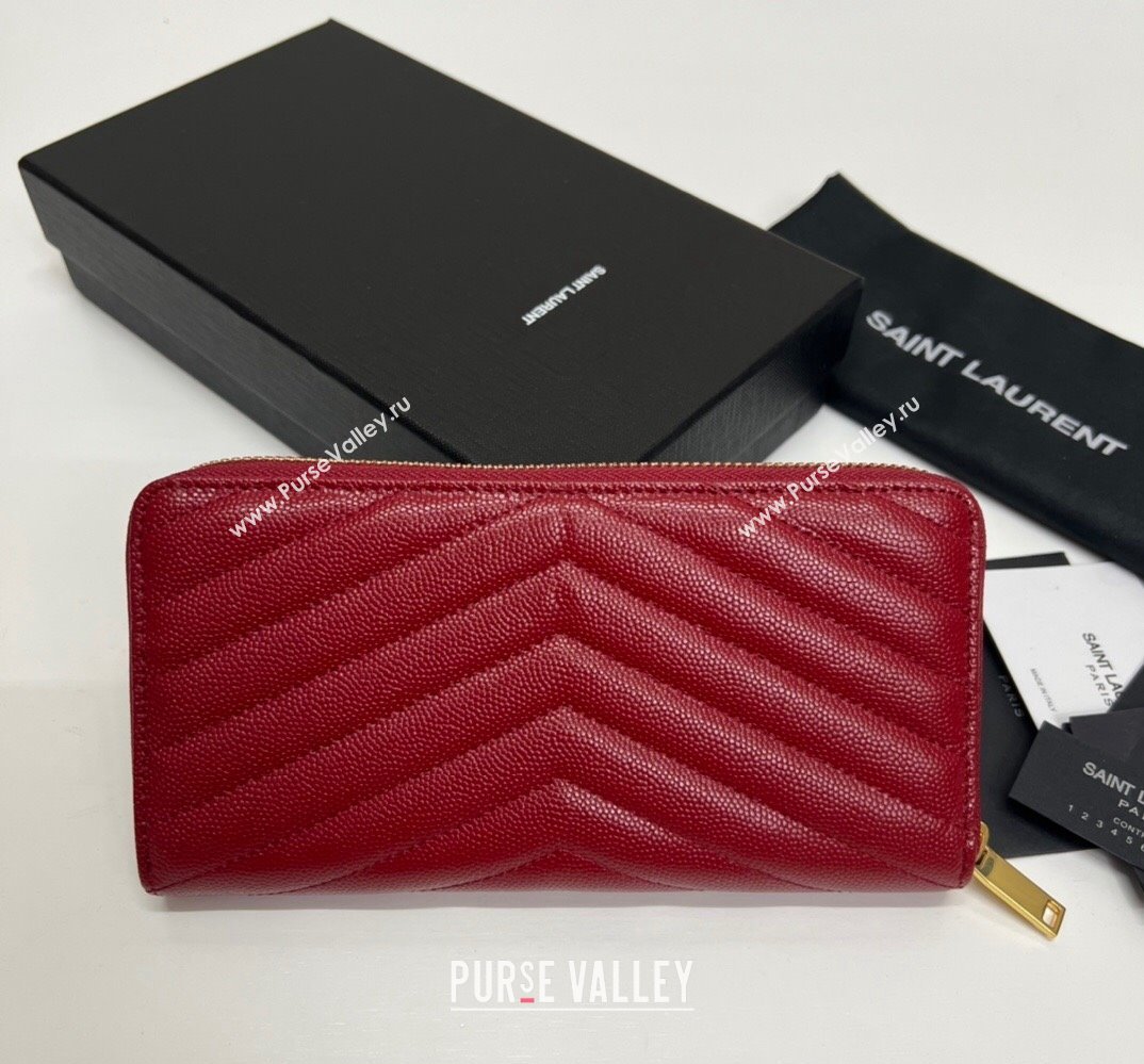 Saint Laurent Cassandre Matelasse Zip Around Wallet In Grain De Poudre Embossed Leather 358094 Red/Gold (nana-24022119)