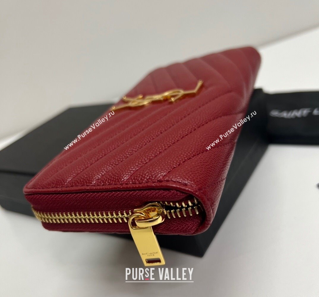 Saint Laurent Cassandre Matelasse Zip Around Wallet In Grain De Poudre Embossed Leather 358094 Red/Gold (nana-24022119)