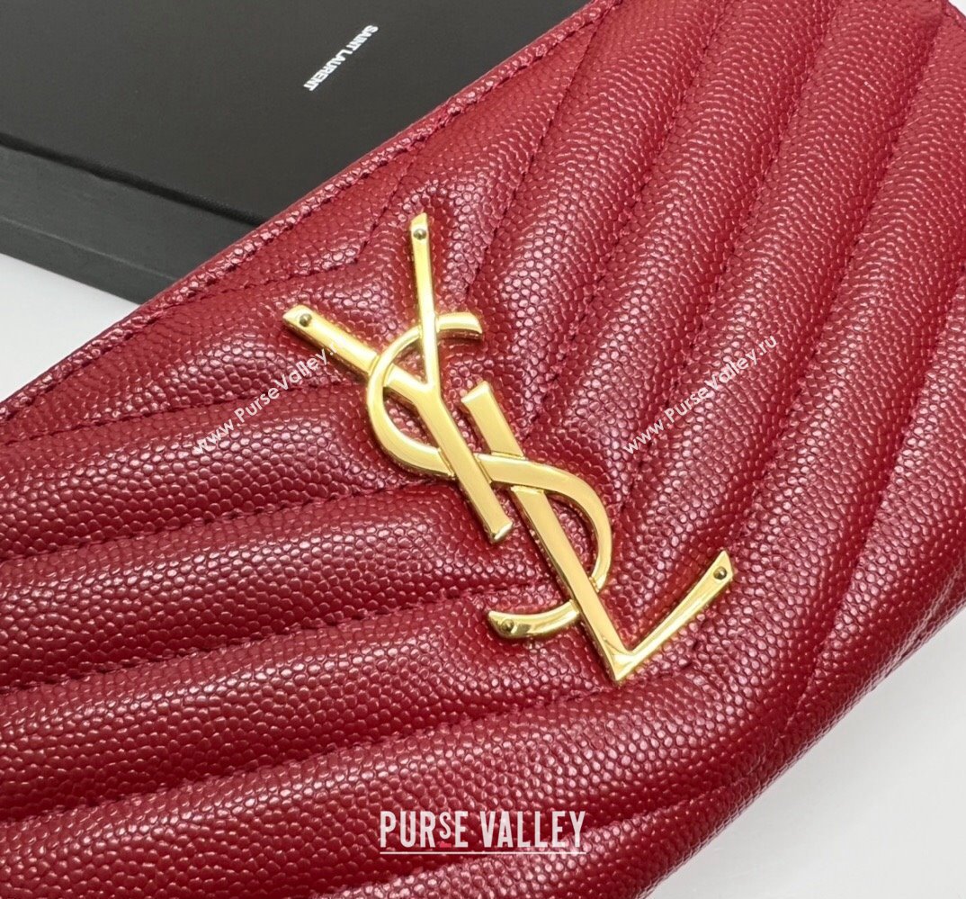 Saint Laurent Cassandre Matelasse Zip Around Wallet In Grain De Poudre Embossed Leather 358094 Red/Gold (nana-24022119)