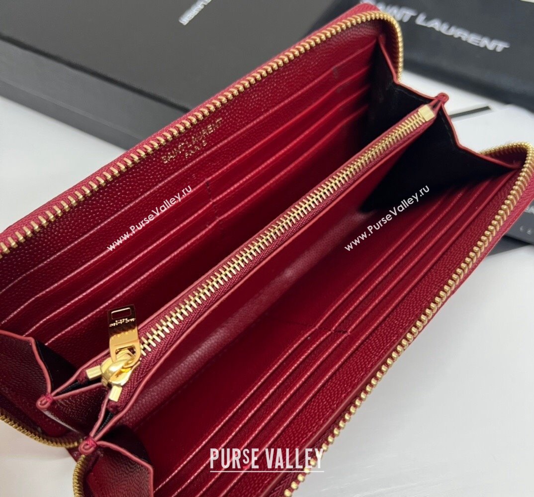 Saint Laurent Cassandre Matelasse Zip Around Wallet In Grain De Poudre Embossed Leather 358094 Red/Gold (nana-24022119)