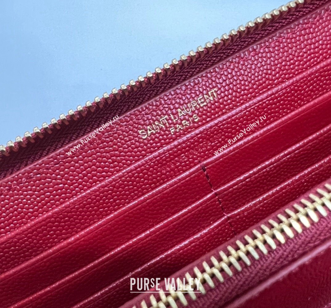 Saint Laurent Cassandre Matelasse Zip Around Wallet In Grain De Poudre Embossed Leather 358094 Red/Gold (nana-24022119)