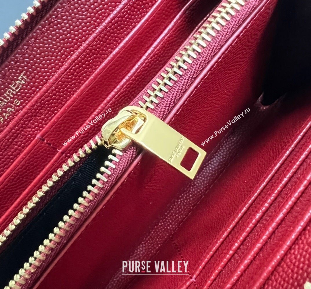 Saint Laurent Cassandre Matelasse Zip Around Wallet In Grain De Poudre Embossed Leather 358094 Red/Gold (nana-24022119)