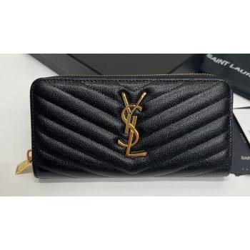 Saint Laurent Cassandre Matelasse Zip Around Wallet In Grain De Poudre Embossed Leather 358094 Black/Gold (nana-24022116)