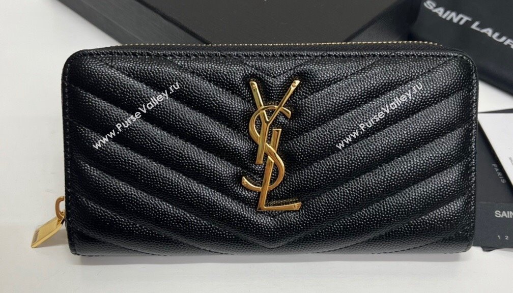 Saint Laurent Cassandre Matelasse Zip Around Wallet In Grain De Poudre Embossed Leather 358094 Black/Gold (nana-24022116)