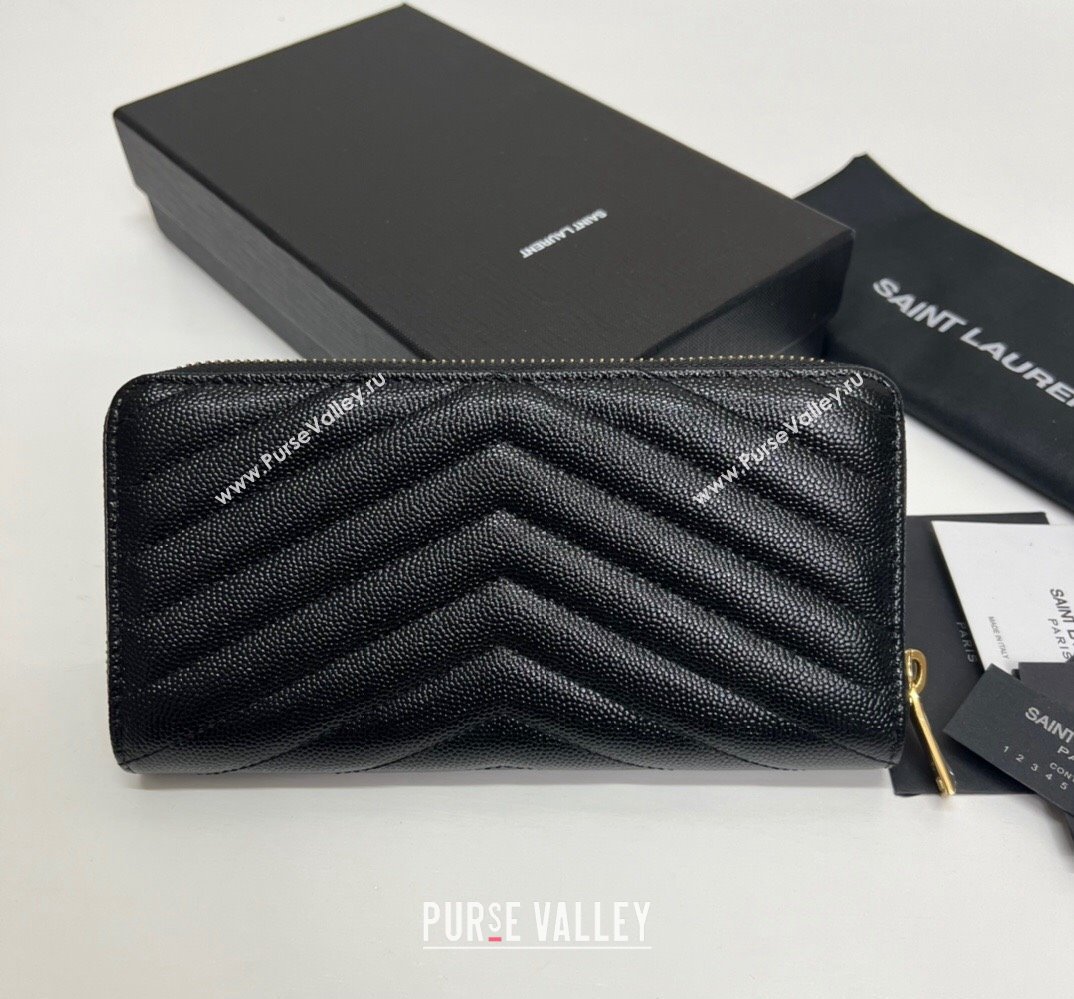 Saint Laurent Cassandre Matelasse Zip Around Wallet In Grain De Poudre Embossed Leather 358094 Black/Gold (nana-24022116)