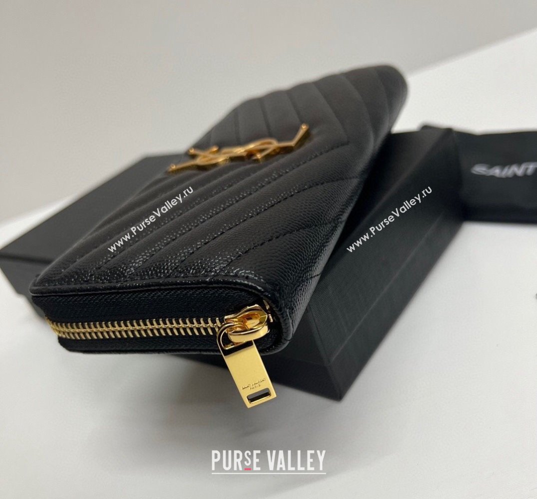 Saint Laurent Cassandre Matelasse Zip Around Wallet In Grain De Poudre Embossed Leather 358094 Black/Gold (nana-24022116)