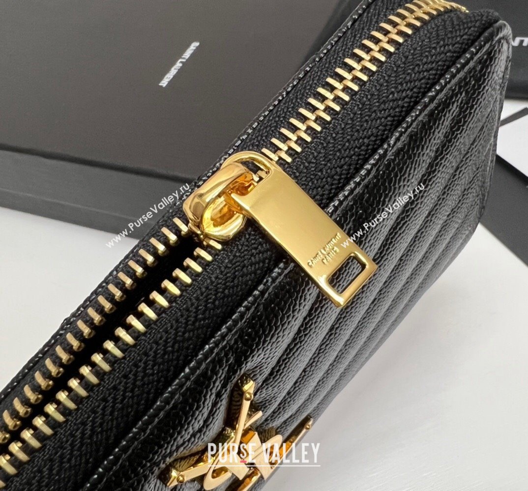 Saint Laurent Cassandre Matelasse Zip Around Wallet In Grain De Poudre Embossed Leather 358094 Black/Gold (nana-24022116)