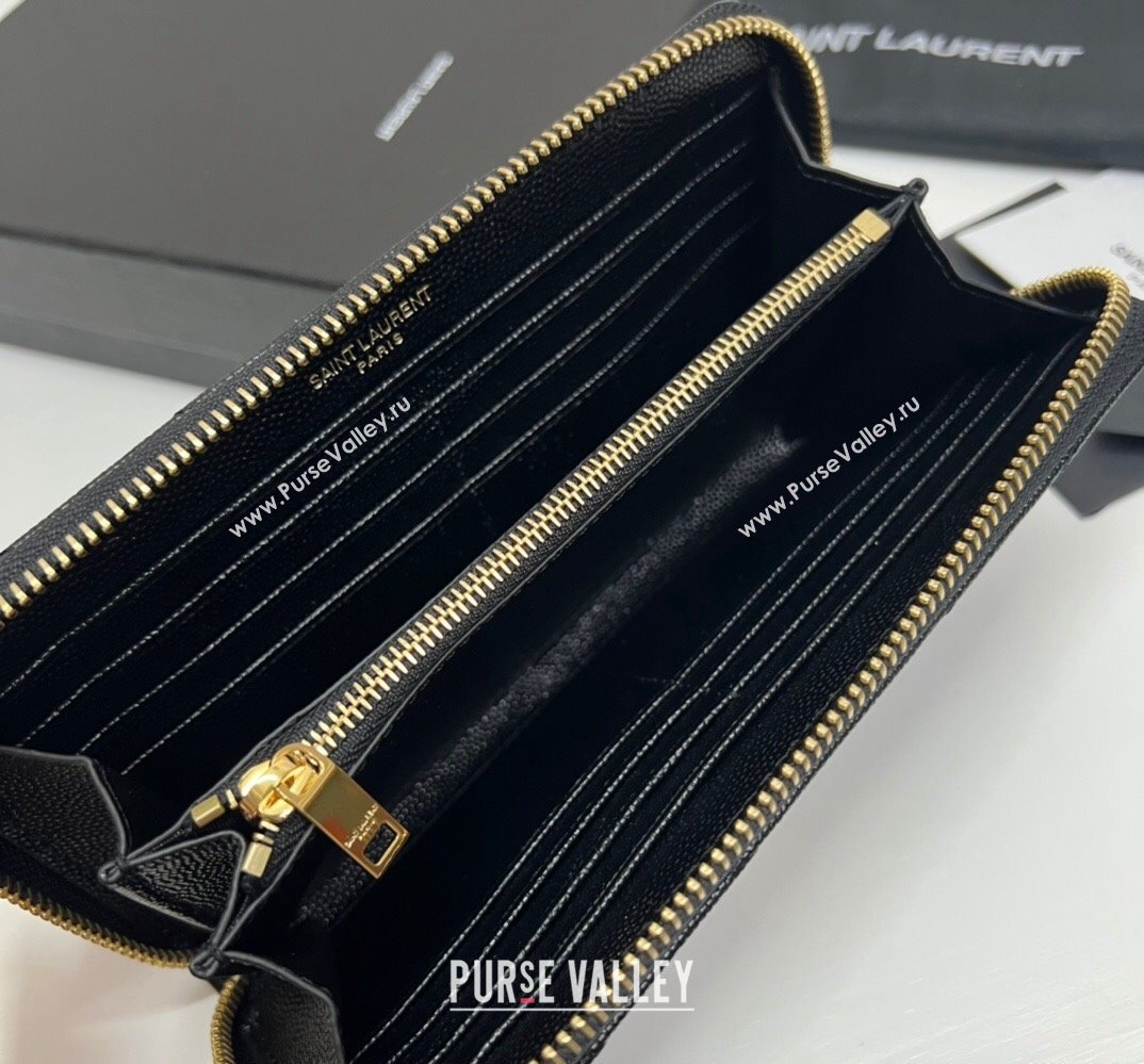 Saint Laurent Cassandre Matelasse Zip Around Wallet In Grain De Poudre Embossed Leather 358094 Black/Gold (nana-24022116)