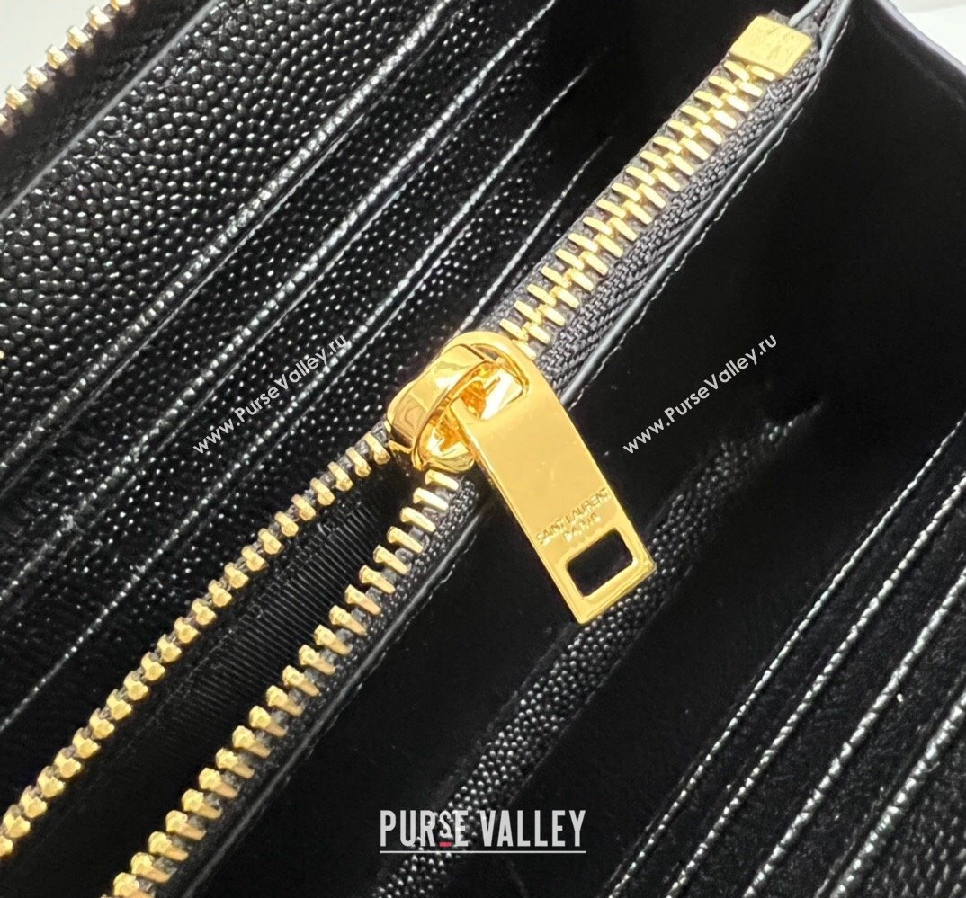 Saint Laurent Cassandre Matelasse Zip Around Wallet In Grain De Poudre Embossed Leather 358094 Black/Gold (nana-24022116)