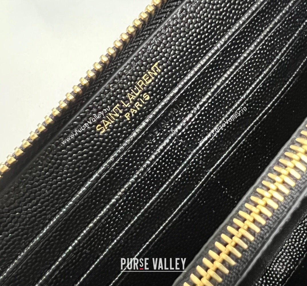 Saint Laurent Cassandre Matelasse Zip Around Wallet In Grain De Poudre Embossed Leather 358094 Black/Gold (nana-24022116)