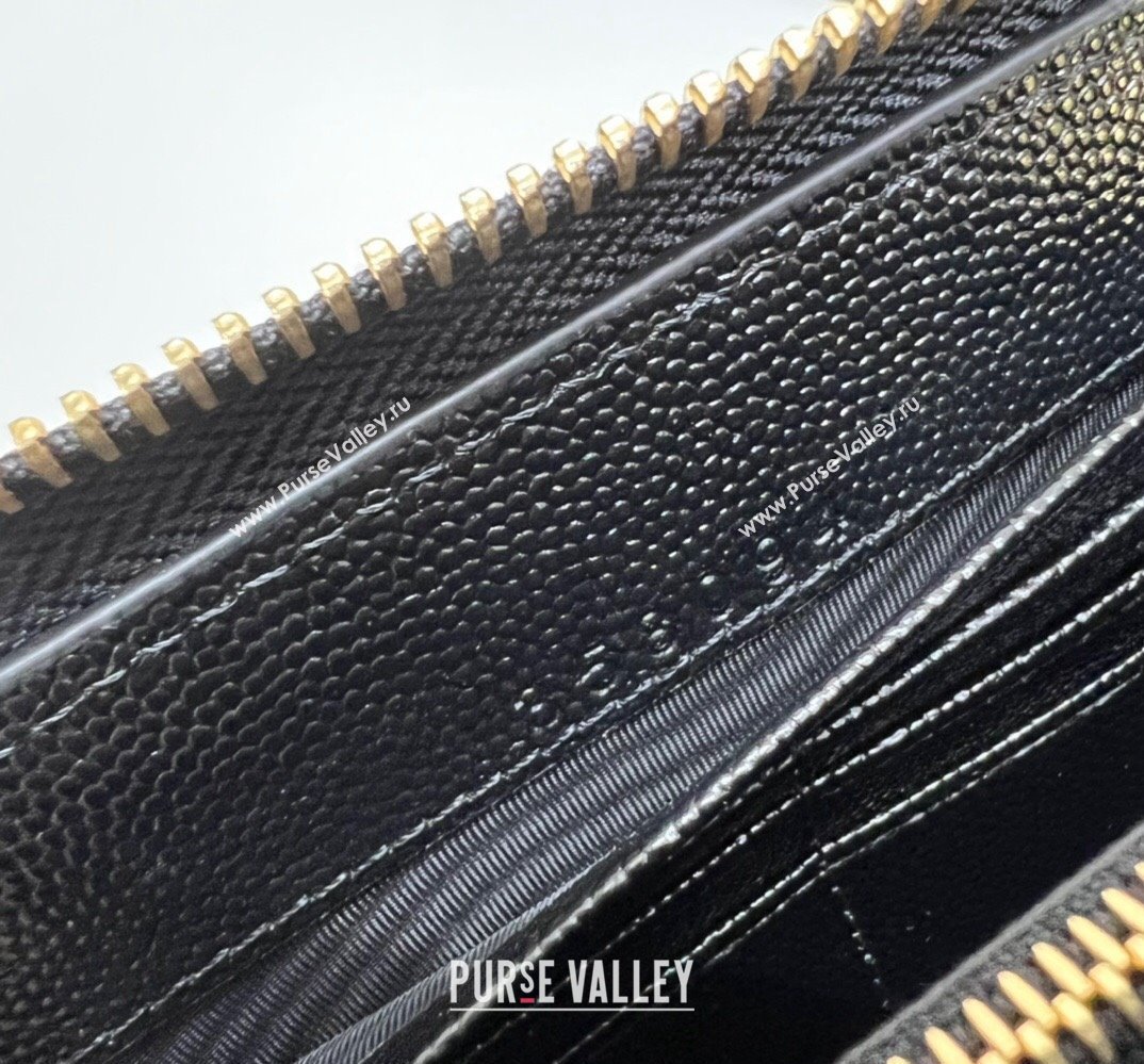 Saint Laurent Cassandre Matelasse Zip Around Wallet In Grain De Poudre Embossed Leather 358094 Black/Gold (nana-24022116)