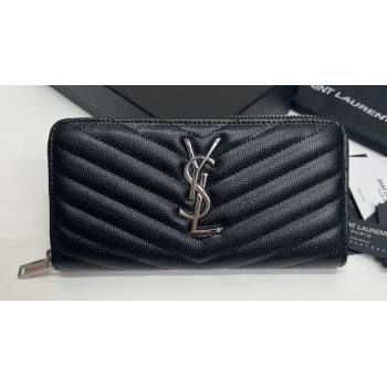 Saint Laurent Cassandre Matelasse Zip Around Wallet In Grain De Poudre Embossed Leather 358094 Black/Silver (nana-24022117)