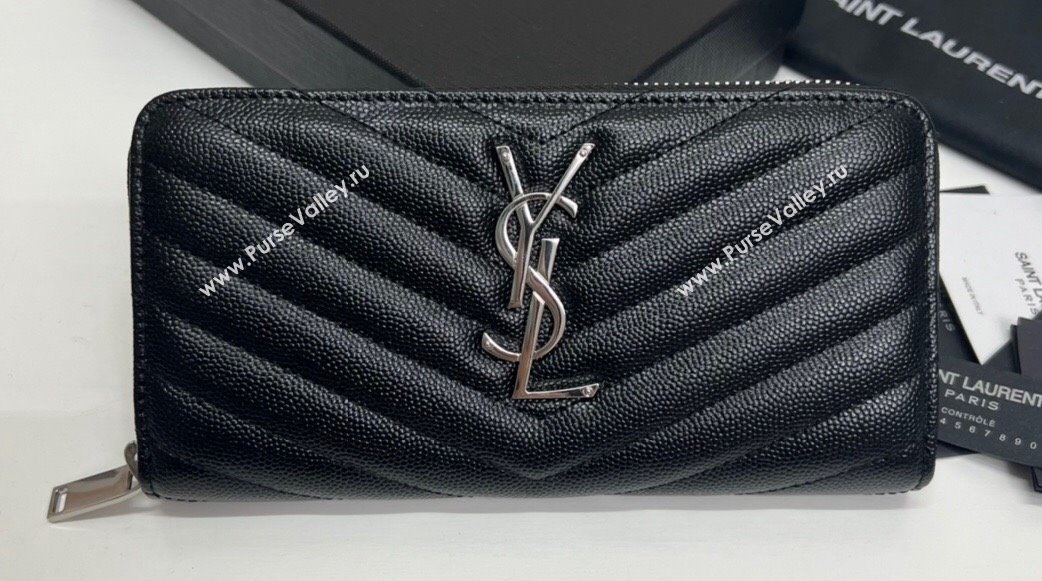 Saint Laurent Cassandre Matelasse Zip Around Wallet In Grain De Poudre Embossed Leather 358094 Black/Silver (nana-24022117)