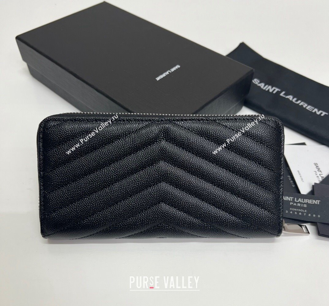 Saint Laurent Cassandre Matelasse Zip Around Wallet In Grain De Poudre Embossed Leather 358094 Black/Silver (nana-24022117)