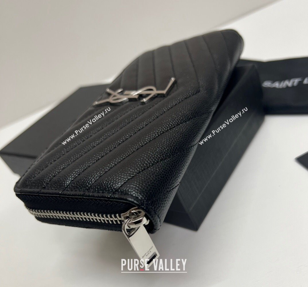 Saint Laurent Cassandre Matelasse Zip Around Wallet In Grain De Poudre Embossed Leather 358094 Black/Silver (nana-24022117)