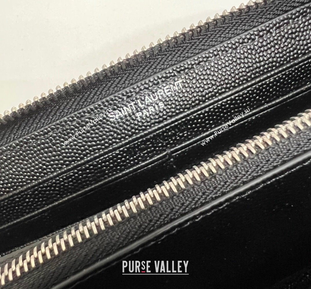 Saint Laurent Cassandre Matelasse Zip Around Wallet In Grain De Poudre Embossed Leather 358094 Black/Silver (nana-24022117)