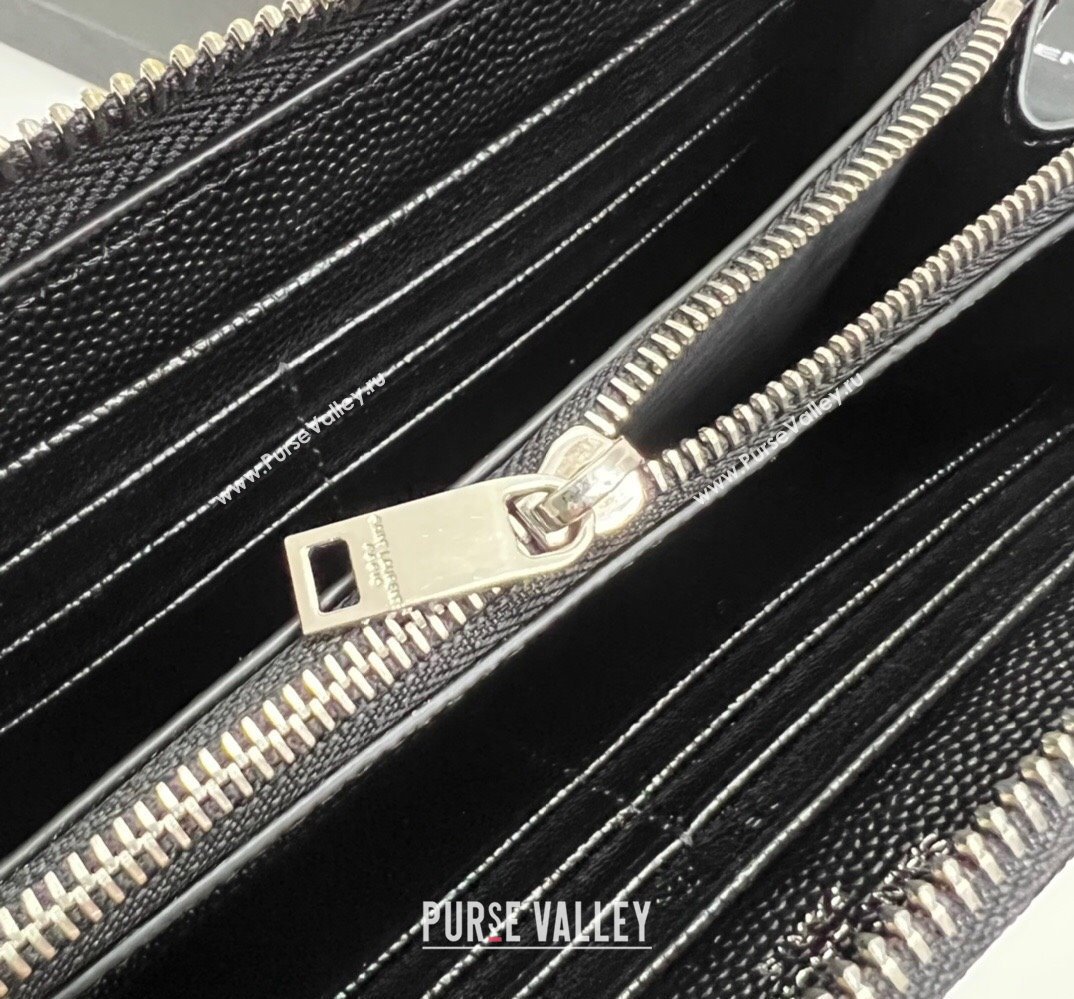 Saint Laurent Cassandre Matelasse Zip Around Wallet In Grain De Poudre Embossed Leather 358094 Black/Silver (nana-24022117)