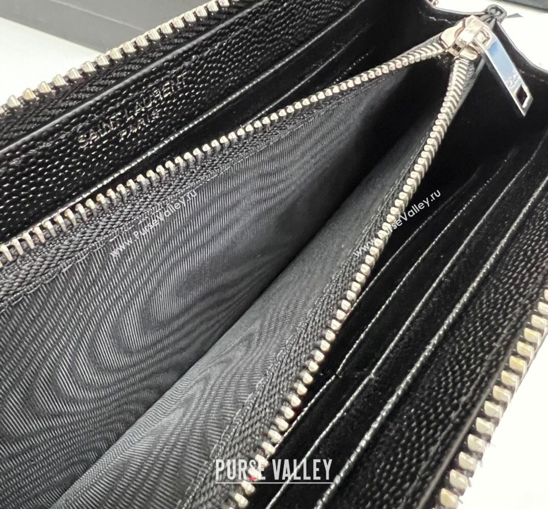 Saint Laurent Cassandre Matelasse Zip Around Wallet In Grain De Poudre Embossed Leather 358094 Black/Silver (nana-24022117)