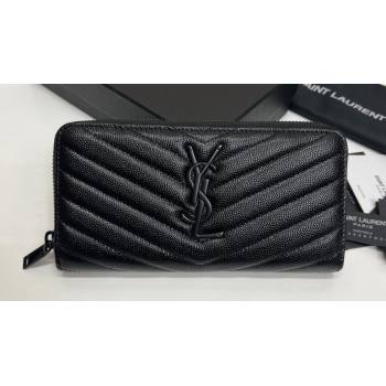 Saint Laurent Cassandre Matelasse Zip Around Wallet In Grain De Poudre Embossed Leather 358094 Black (nana-24022115)