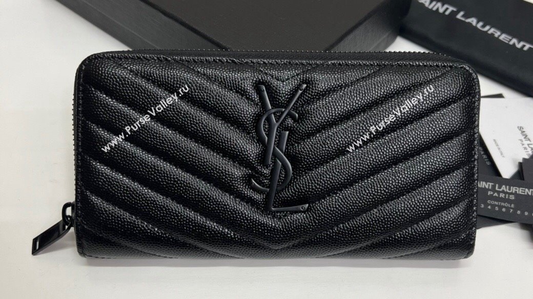 Saint Laurent Cassandre Matelasse Zip Around Wallet In Grain De Poudre Embossed Leather 358094 Black (nana-24022115)