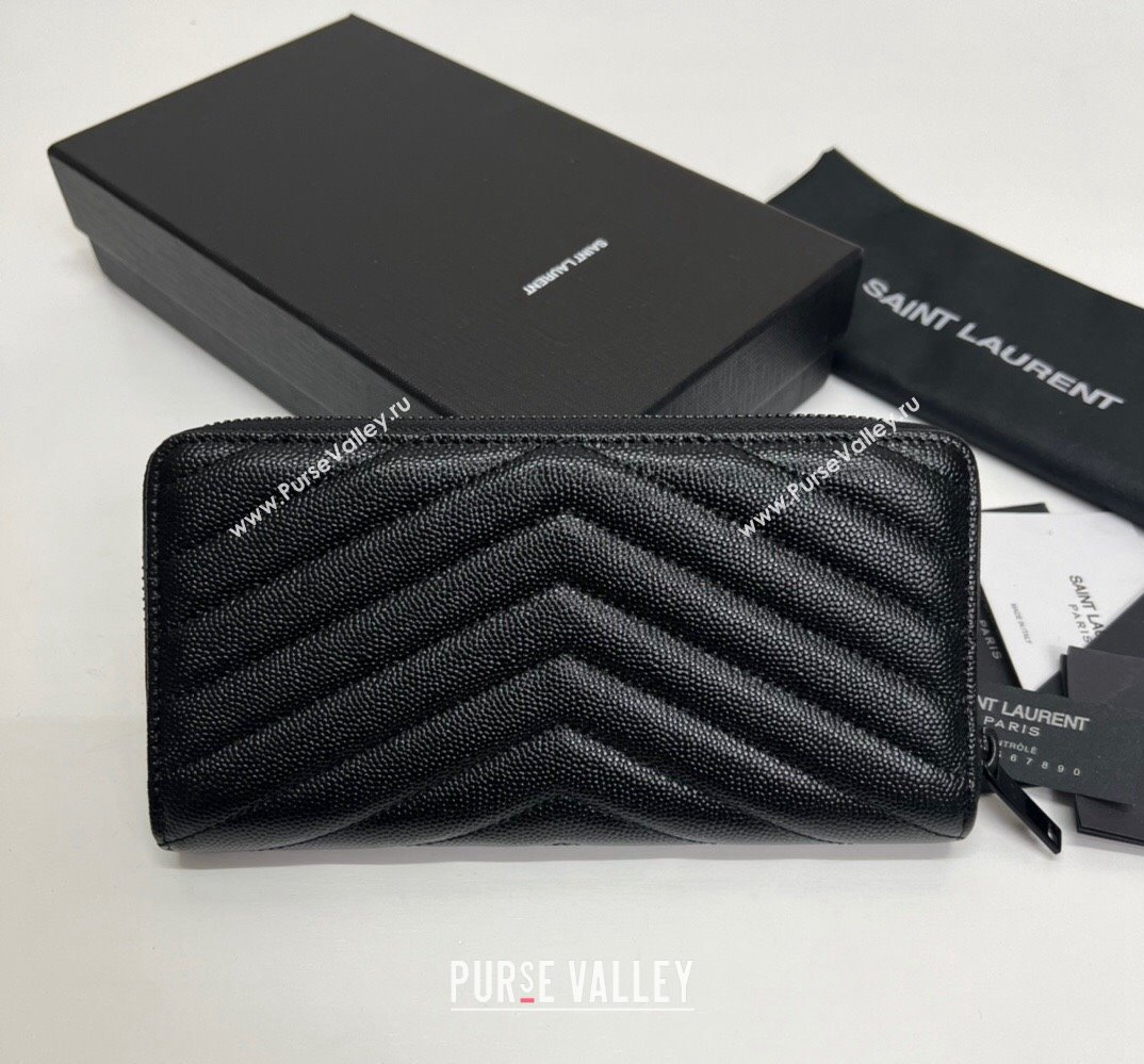 Saint Laurent Cassandre Matelasse Zip Around Wallet In Grain De Poudre Embossed Leather 358094 Black (nana-24022115)