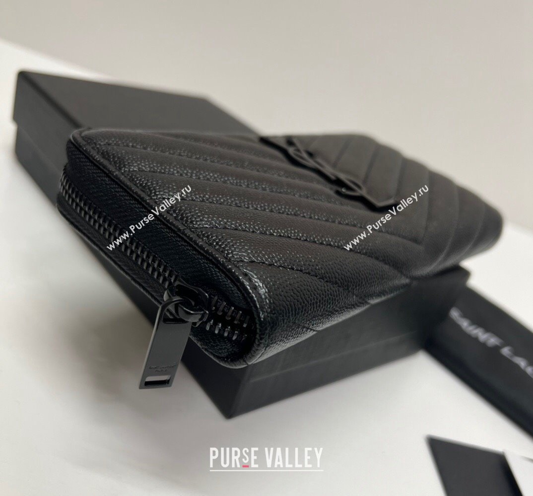 Saint Laurent Cassandre Matelasse Zip Around Wallet In Grain De Poudre Embossed Leather 358094 Black (nana-24022115)