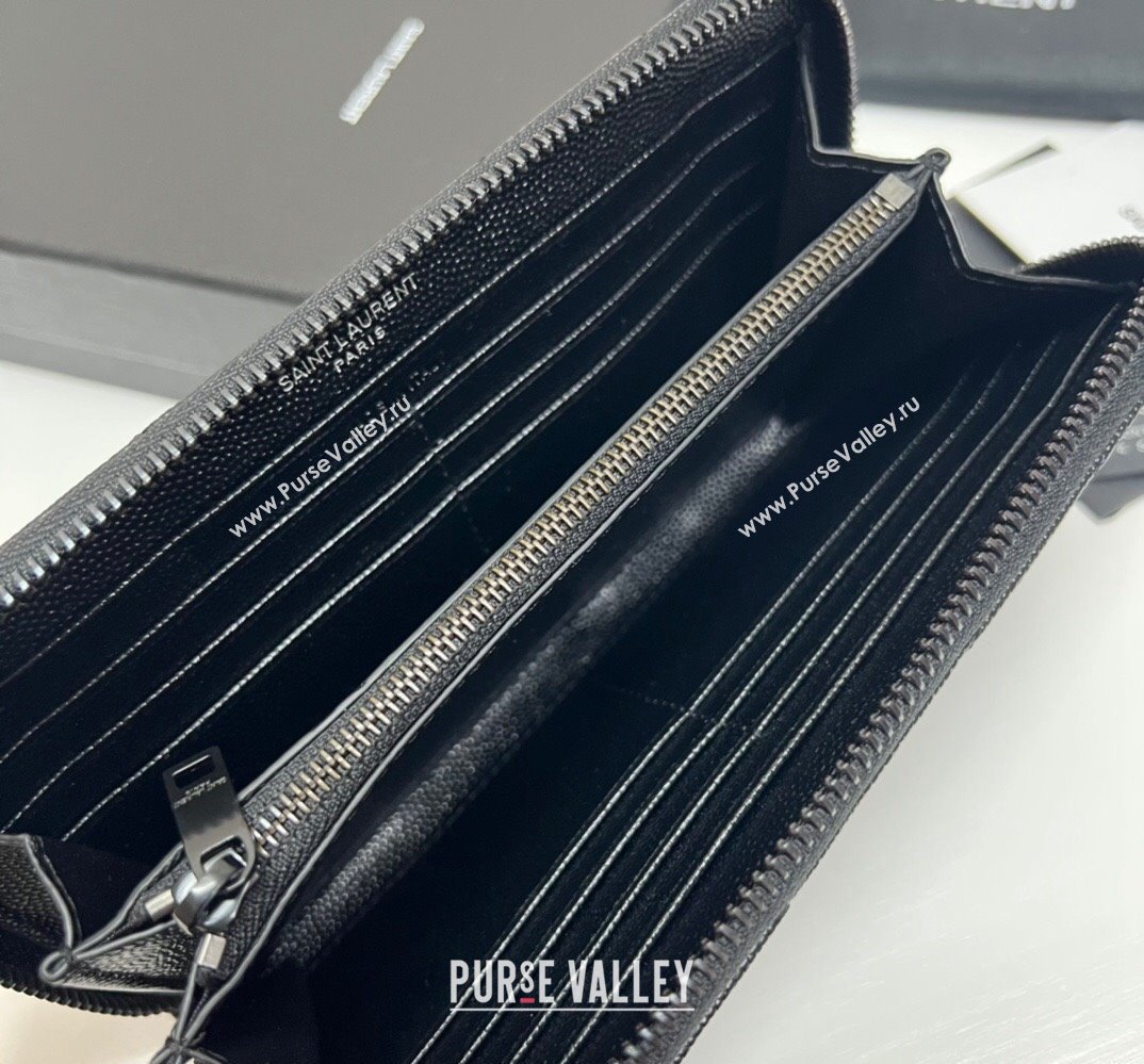 Saint Laurent Cassandre Matelasse Zip Around Wallet In Grain De Poudre Embossed Leather 358094 Black (nana-24022115)