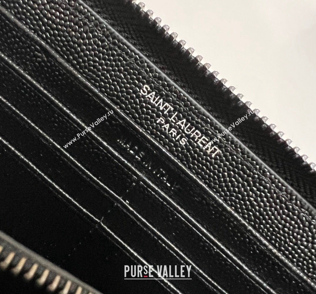 Saint Laurent Cassandre Matelasse Zip Around Wallet In Grain De Poudre Embossed Leather 358094 Black (nana-24022115)