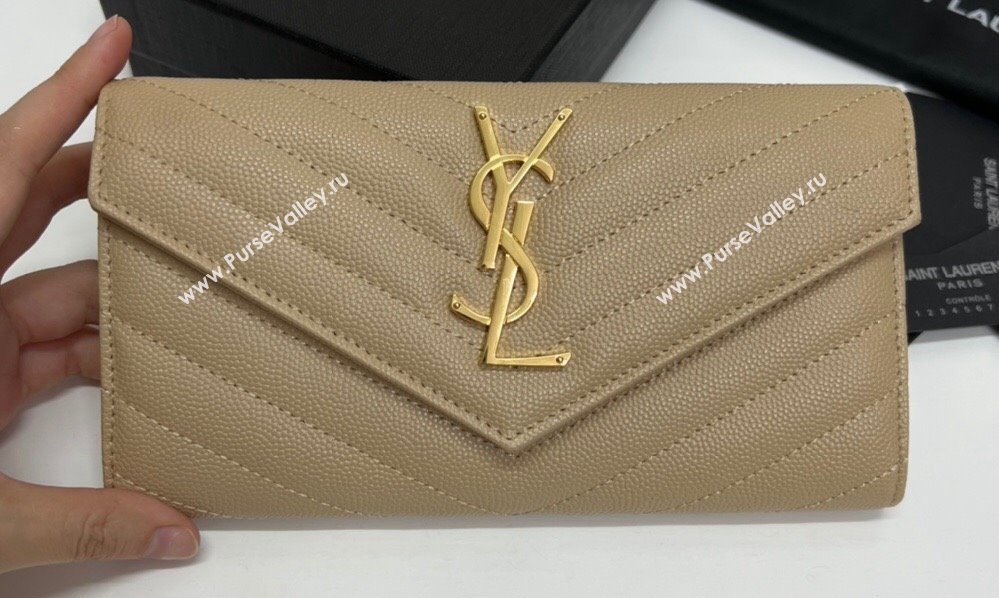 Saint Laurent Cassandre Matelasse Large Flap Wallet In Grain De Poudre Embossed Leather 372264 Beige/Gold (nana-24022124)