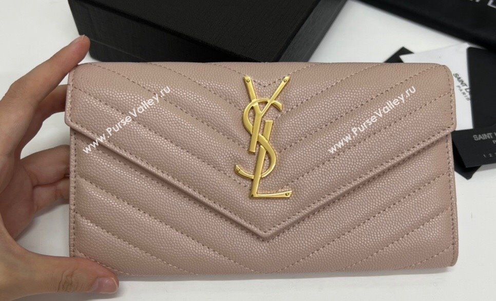 Saint Laurent Cassandre Matelasse Large Flap Wallet In Grain De Poudre Embossed Leather 372264 Nude Pink/Gold (nana-24022125)